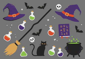 Vector art of a whimsical Halloween scene featuring a witches' hat, black cats, a bat, a pumpkin, potion bottles, spellbooks, a cauldron, a broom, scissors, and a ghost, all set against a clean white 