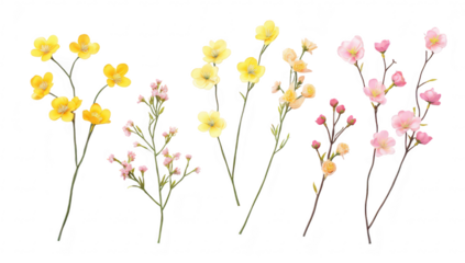 A arrangement of delicate yellow and pink flowers. their intricate details and natural beauty against a clean white background. ideal for floral-themed projects or designs