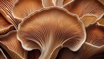 a detailed close up of the gills of a mushroom showing the intricate patterns and textures in brown and tan