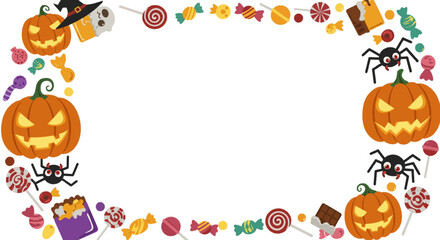 Fototapeta premium Halloween frame with pumpkins and sweets festive arrangement spooky season party invitation