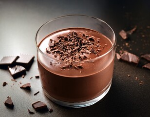delicious chocolate mousse dessert topped with chocolate shavings in a glass