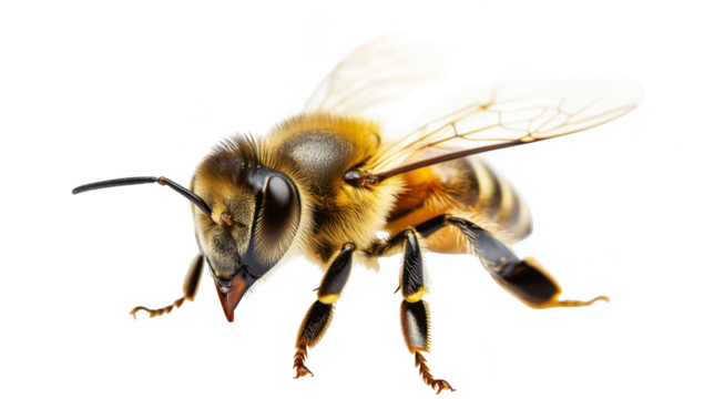 Close-up view of a honey bee its intricate features. including delicate wings and segmented body. set against a plain white background. ideal for educational and nature-themed content
