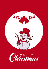 A cheerful Christmas card featuring a smiling snowman in a red scarf and hat, white circle backdrop, hanging ornaments, and the text Merry Christmas with Happy New Year in a festive layout.