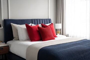 A queen bed is made with a blue cover white sheets and red pillows