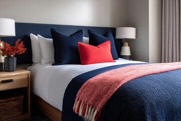 Bedroom scene bed with blue headboard white sheets bluered pillows  throws wooden nightstand with lamp