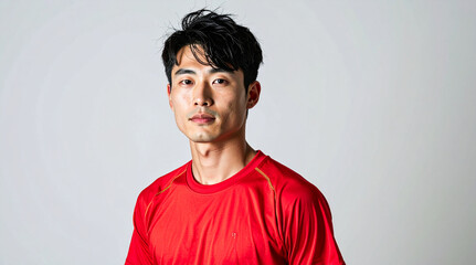 Professional Headshot of Young Man in Red Sporty T Shirt with Sweat on Face Isolated on Light Background
