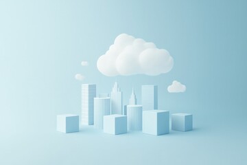 Obraz premium 3D white cloud above modern city buildings on a soft blue background, ideal for IT cloud technology, data infrastructure, online services, and digital platform concepts