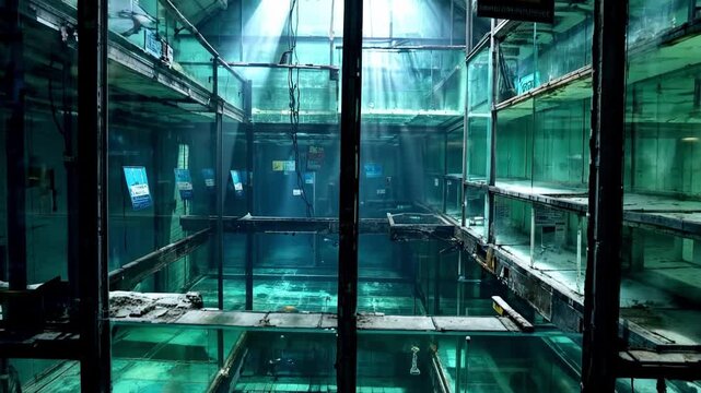 A ruined aquarium, shattered tanks, horror, occult, eerie, sad, liminal space