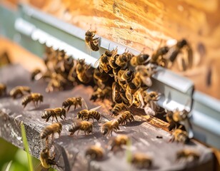 Busy bees emerging from hive