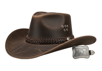 Dark brown distressed leather cowboy hat with braided hatband and sterling silver buckle, isolated on a transparent studio background, high-end western accessory product display