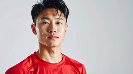 Professional Headshot of Young Man in Red Sporty T Shirt with Sweat on Face Isolated on Light Background
