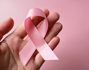 a hand holding a pink ribbon symbolizing cancer awareness and support for those affected by breast cancer