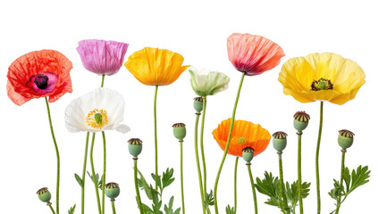 Fototapeta premium A arrangement of colorful poppy flowers in various stages of bloom. set against a clean white background. their delicate petals and unique shapes. ideal for nature-themed projects