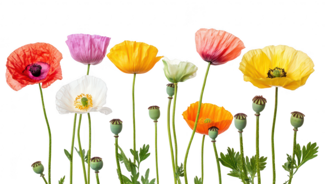 A arrangement of colorful poppy flowers in various stages of bloom. set against a clean white background. their delicate petals and unique shapes. ideal for nature-themed projects