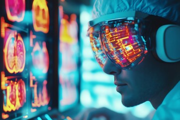 Doctor examining colorful MRI images in a laboratory, wearing an advanced virtual reality headset for medical analysis