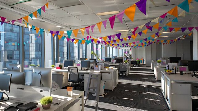 A brightly lit office with colorful banners hanging from the ceiling. The room is filled with desks and chairs, and there are potted plants scattered throughout the space. The atmosphere is lively