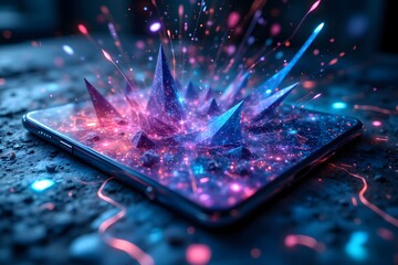 Surreal Smartphone with Colorful Erupting Crystals and Cosmic Light