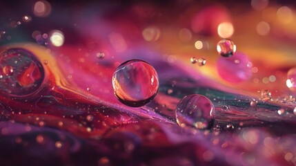 Abstract composition of vibrant colored liquids and spheres