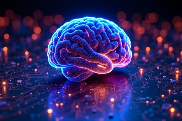 Futuristic Neon Brain Surrounded by Circuit Board Elements