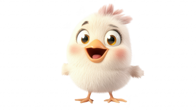 A cheerful. fluffy cartoon chick with big expressive eyes and a playful demeanor stands joyfully against a plain white background. perfect for childrens content or playful themes