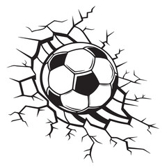 Obraz premium A soccer ball bursts through a cracked wall, creating a dynamic and energetic image isolated on white background the cracks radiate outwards, emphasizing the impact and force of the ball