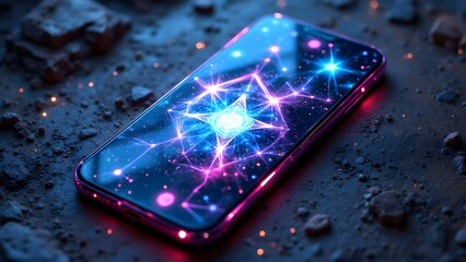 High-Tech Smartphone Display with Cosmic Digital Art and Light Effects