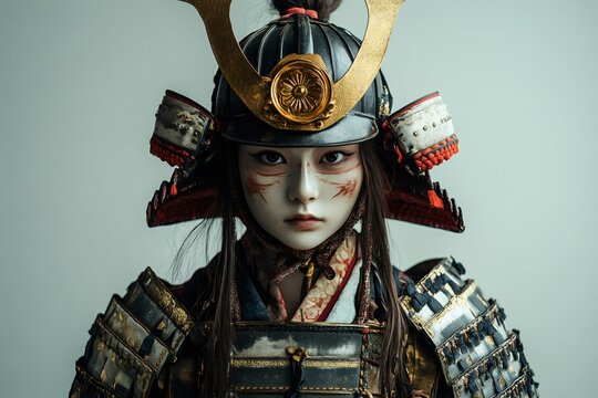 Portrait of a determined young woman dressed as a samurai warrior, showcasing traditional armor and helmet - Powered by Adobe