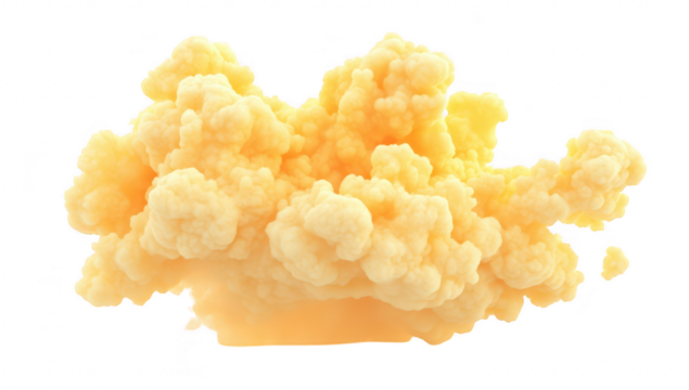 A vibrant. fluffy yellow cloud formation billowing against a white background. creating a whimsical atmosphere. ideal for use in creative projects or as a backdrop for various designs