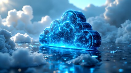 Glowing Digital Cloud with Sparkling Effects Above Calm Water
