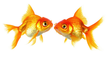 Fototapeta premium Two goldfish facing each other against a white background. their colorful scales and fins. ideal for aquatic-themed projects or educational materials