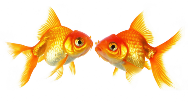 Two goldfish facing each other against a white background. their colorful scales and fins. ideal for aquatic-themed projects or educational materials