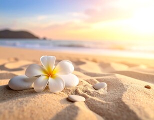 Fototapeta premium Peaceful beach scene with flower and stones. Sunrise over ocean