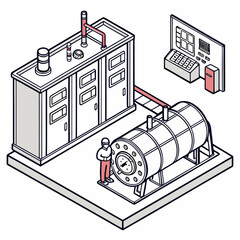 Naklejka premium Isometric illustration of a worker inspecting a large industrial tank connected to a control panel and equipment building