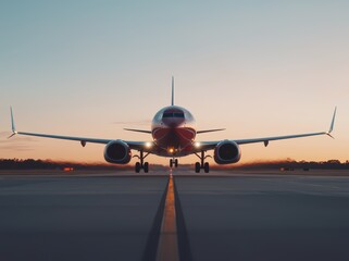 Naklejka premium Airplane on Runway at Sunset with Beautiful Sky Background