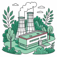 Stylized illustration of a modern industrial power plant with cooling towers and lush green foliage surrounding it