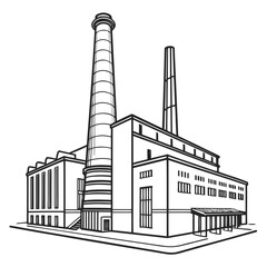 Stylized black and white line drawing of a large industrial factory building with two prominent smokestacks