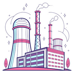 Stylized illustration of a modern power plant with cooling towers and smokestacks emitting stylized smoke