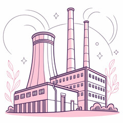 Stylized illustration of a pink and purple industrial factory with cooling towers and smokestacks emitting steam against a white background