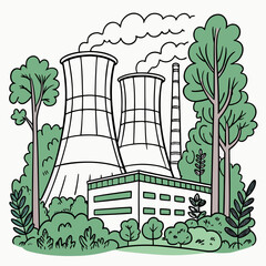 Stylized illustration of a power plant with cooling towers and a smokestack surrounded by lush green trees and foliage