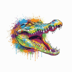 Colorful Alligator Head Illustration with Paint Splatter Art Design on White Background