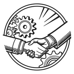 Two business people shaking hands with gears and a circular frame symbolizing partnership and industry