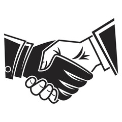 Two business professionals in formal attire shaking hands firmly in a black and white graphic illustration symbolizing agreement and partnership