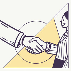 Two business people shaking hands in a modern graphic illustration with geometric shapes and a bright yellow accent color