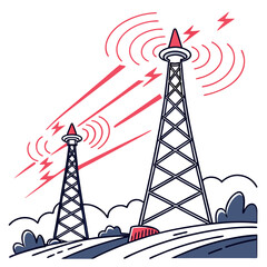 Two communication towers broadcasting signals with radiating waves and lightning bolts against a white background
