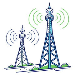 Two communication towers transmitting signals with radiating waves against a white background with green bushes