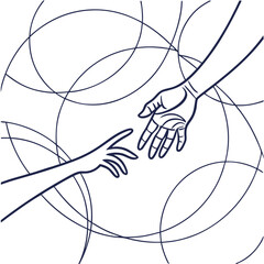 Two hands reaching out to connect against a backdrop of abstract swirling lines and circles symbolizing unity and connection