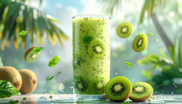 Fresh kiwi smoothie with tropical leaves and kiwis