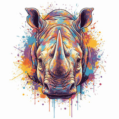 Vibrant watercolor rhino head portrait. Front-facing, colorful paint splatter, wild animal art. © Nofriyan