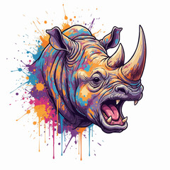 Vibrant watercolor rhino head illustration. Side view, aggressive snarl, colorful splash. © Nofriyan