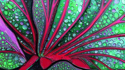 Abstract Colorful Leaf with Water Droplets in Bright Green Pink Purple Tones